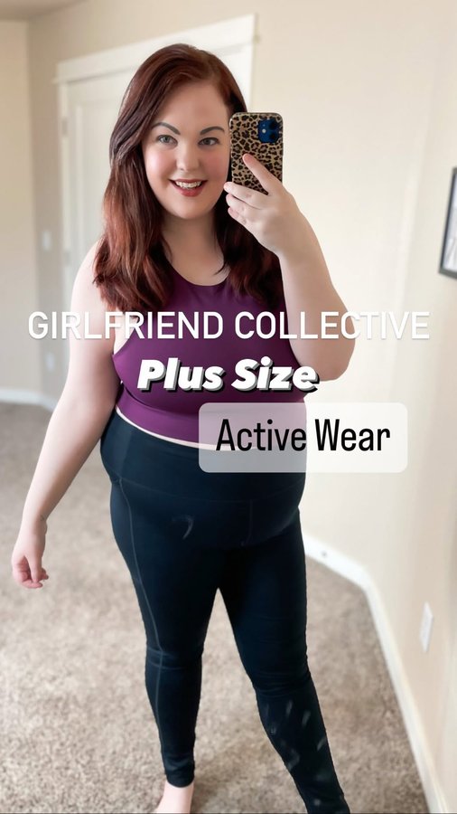 Instagram post by @frugalcurvyfinds for Girlfriend Collective. Caption reads: ✨Plus Size Girlfriend Collective Haul ✨ these....