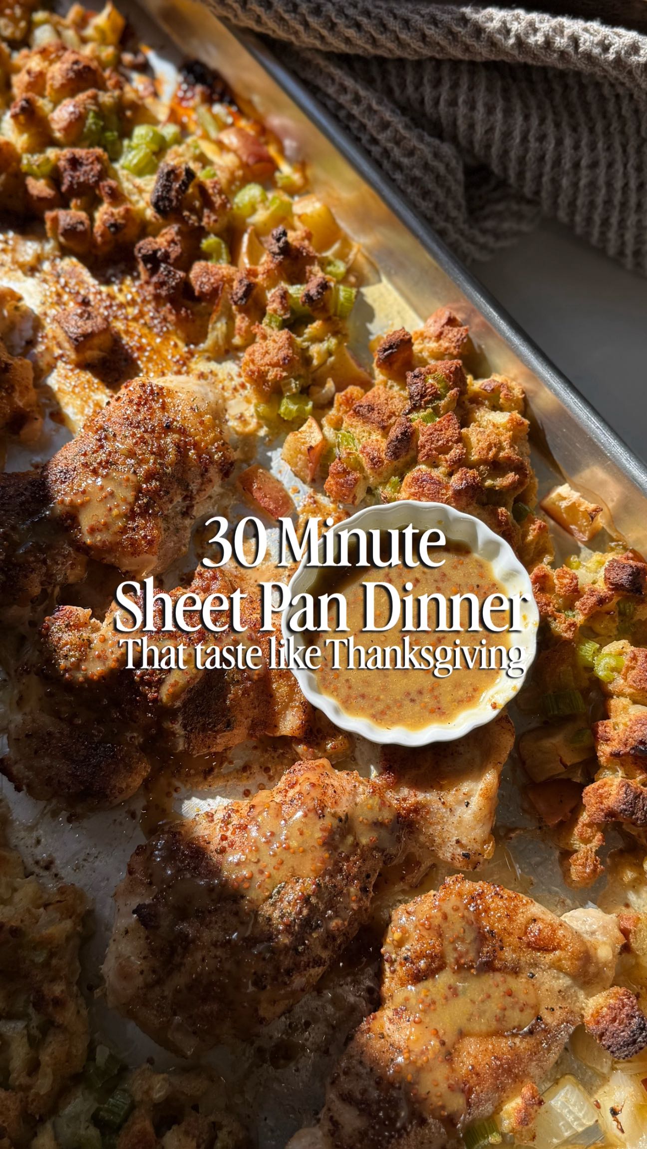 Instagram post by @leslie_stokes_ for Kinder's. Caption reads: This 30-minute sheet pan dinner tastes....