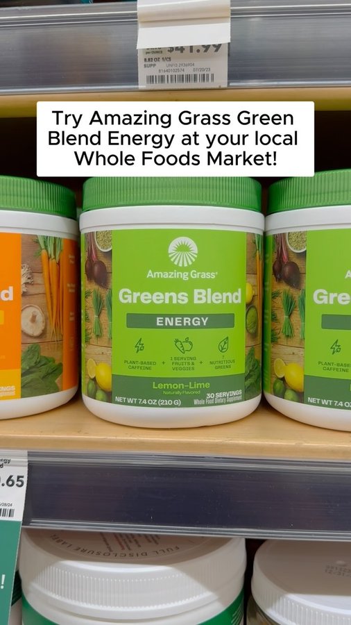 Instagram post by @wholefoodshype for Amazing Grass. Caption reads: ⚡️ #AD Get the @AmazingGrass Greens Blend Energy....
