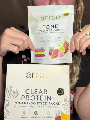TikTok post by @paigenoble for Arrae. Caption reads: Just discovered @Arrae brand 💕💚 #clearprotein....