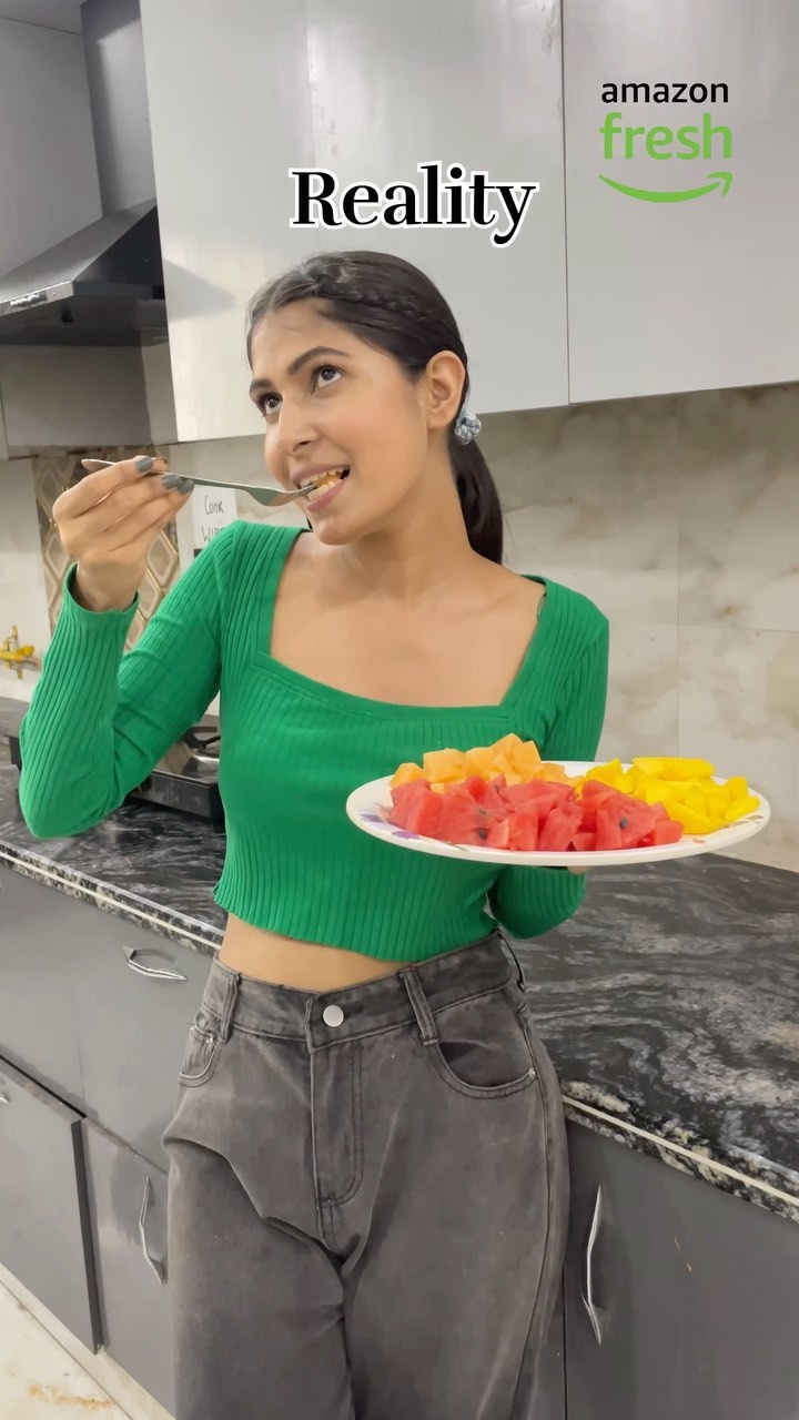 Instagram post by @anupama117._ for Amazon Fresh. Caption reads: Fresh Finds, Big Savings! 🍎🛒 Just tried Amazon....