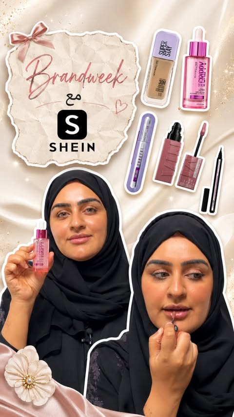 Instagram post by @mona_tajarbi for SHEIN Arabic. Caption reads: #sheinbeauty #maybelline #sheinbrandweek #ad . .....