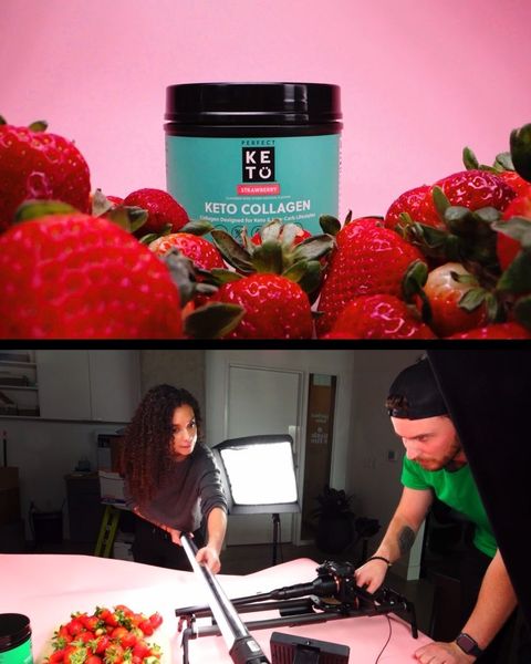 Instagram post by @jasmine_q for Perfect Keto. Caption reads: That new new for @perfectketo Strawberry Collagen....