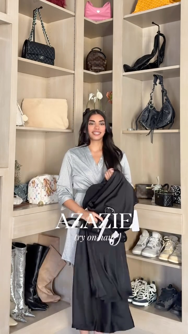 Instagram post by @sanagilani for Azazie. Caption reads: my husband rates my dresses @azazieofficial 🖤.