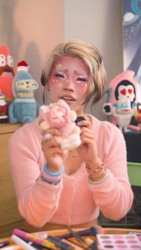 Instagram post by @freddie__chen for POP MART. Caption reads: [...] Fluttershy’s makeup on me 💕୨୧⋆｡˚....