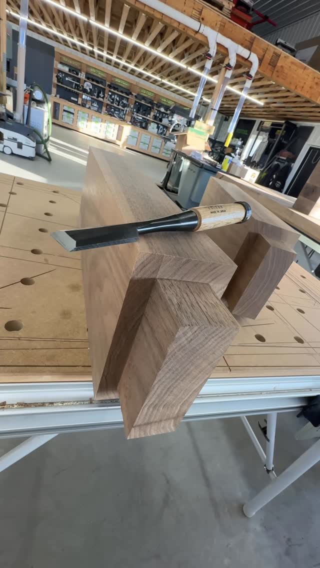 Instagram post by @dustylumberco for SUIZAN. Caption reads: Cleaning up the walnut tenons with an....