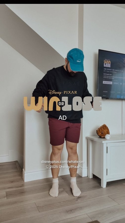 Instagram post by an influencer for Pixar. Caption reads: #AD Of course the new @pixar show, Win or Lose, is....