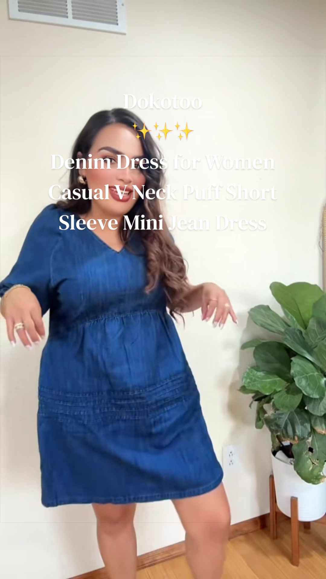 TikTok post by an influencer for Dokotoo. Caption reads: Dokotoo Denim Dress for Women Casual V [...].