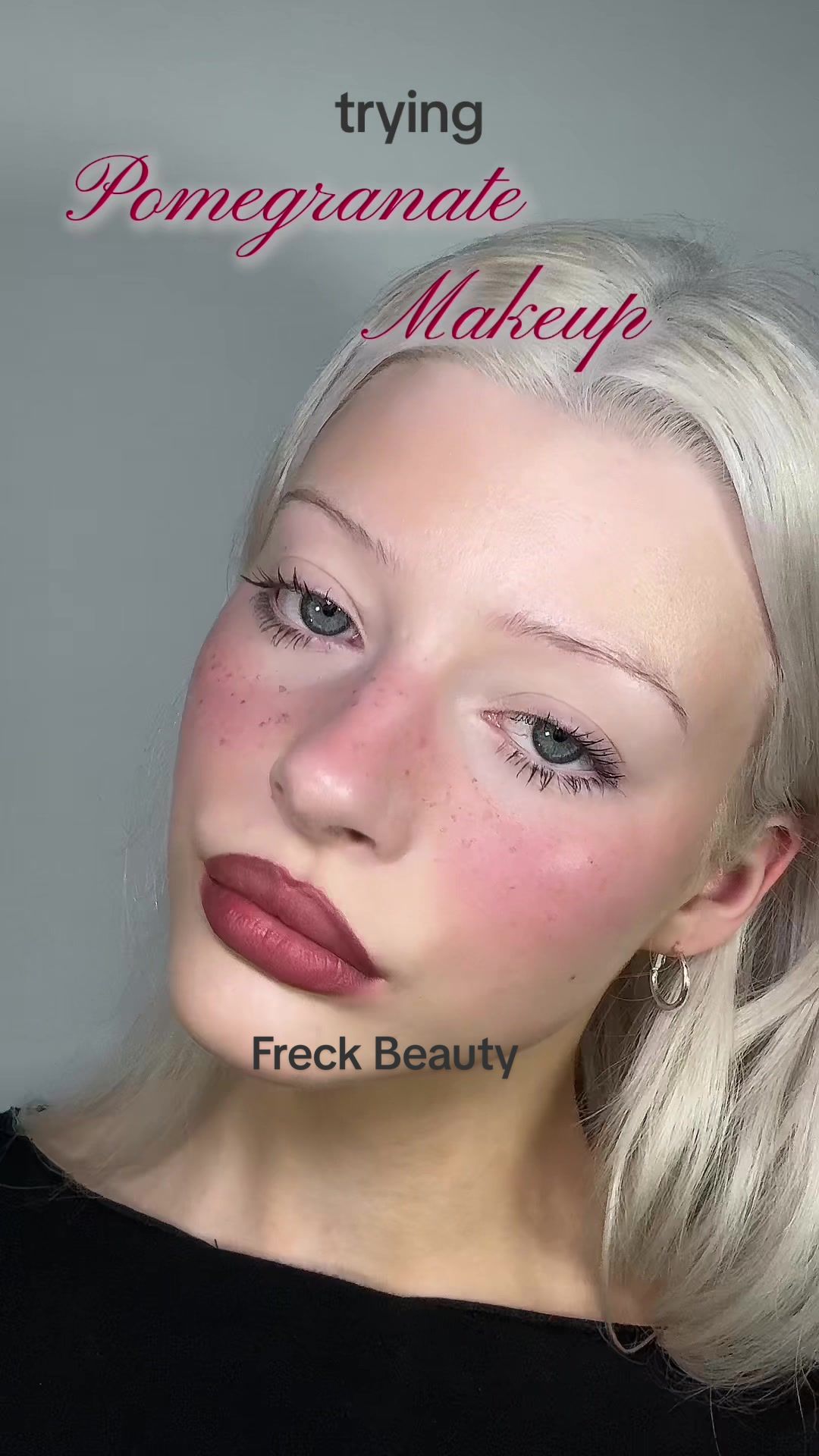 TikTok post by @morvenmcbride for Freck Beauty. Caption reads: trying Pomegranate Makeup using @Freck Beauty....