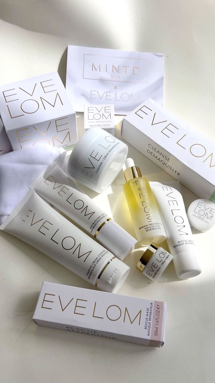 Instagram post by @kellilash for EVE LOM. Caption reads: MINTD X EVE LOM EXCLUSIVE EDIT ⁣🤍✨ Featuring 7....