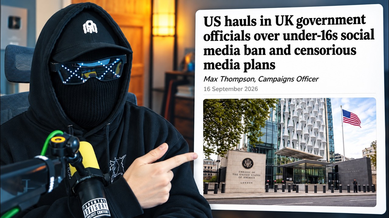 YouTube post by @CyberWaffleUK for Private Internet Access. Caption reads: The UK is in Trouble Over the Social Media Ban.