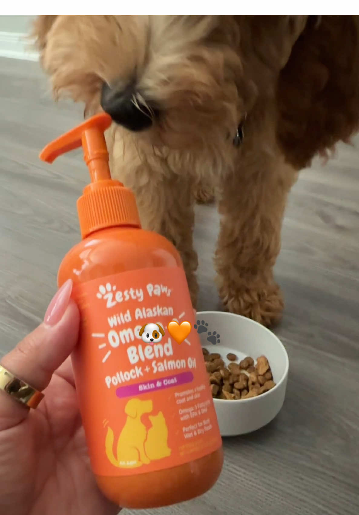TikTok post by an influencer for Zesty Paws. Caption reads: Zesty Paws Omega-3 Blend 🧡🐶🐾 @Zesty [...].