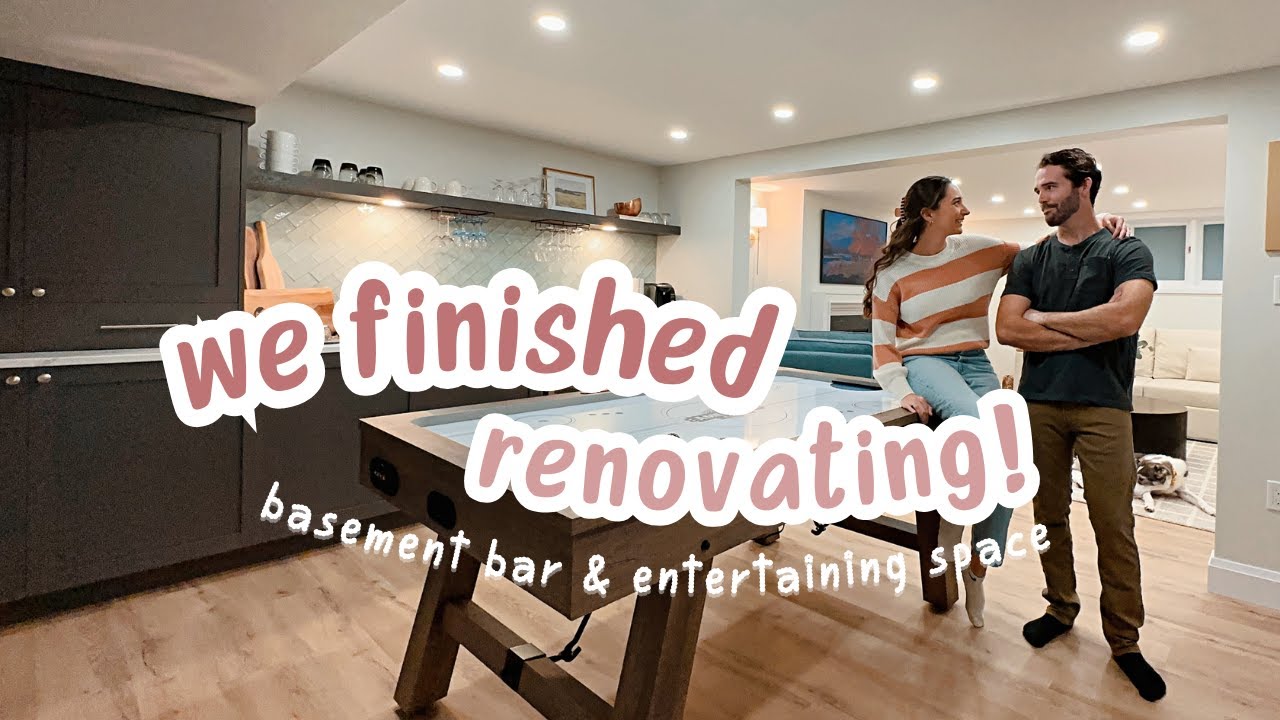 YouTube post by @aspenackley for The Brick. Caption reads: We finished renovating!! 🥳 | BASEMENT RENOVATION....