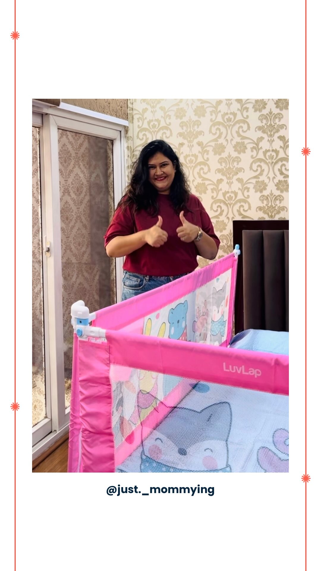 Instagram post by @just._mommying for LuvLap. Caption reads: 🛏️✨ Keep your little one safe with the LuvLap Bed....