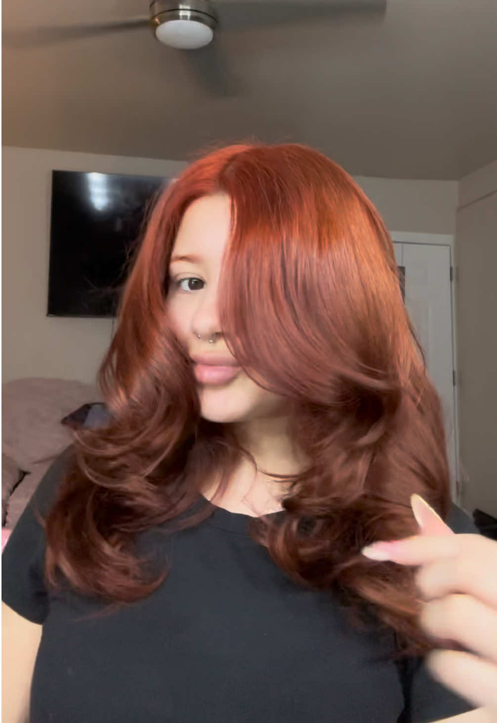 TikTok post by @fuerteashley for oVertone Color. Caption reads: Hair refresh using @oVertone Color Ginger Copper....