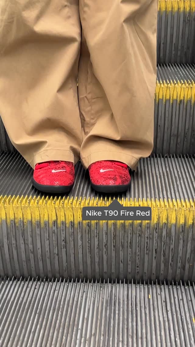 Instagram post by @farrellbane for Office Shoes. Caption reads: [...] flip flops to my Nike T90 Fire Reds....