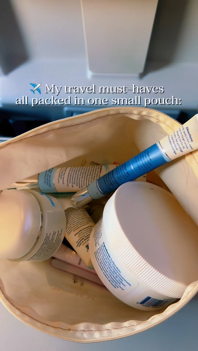 Instagram post by @esma.yucelsat for Plexaderm. Caption reads: Just landed with my ✈️ in-flight skincare....