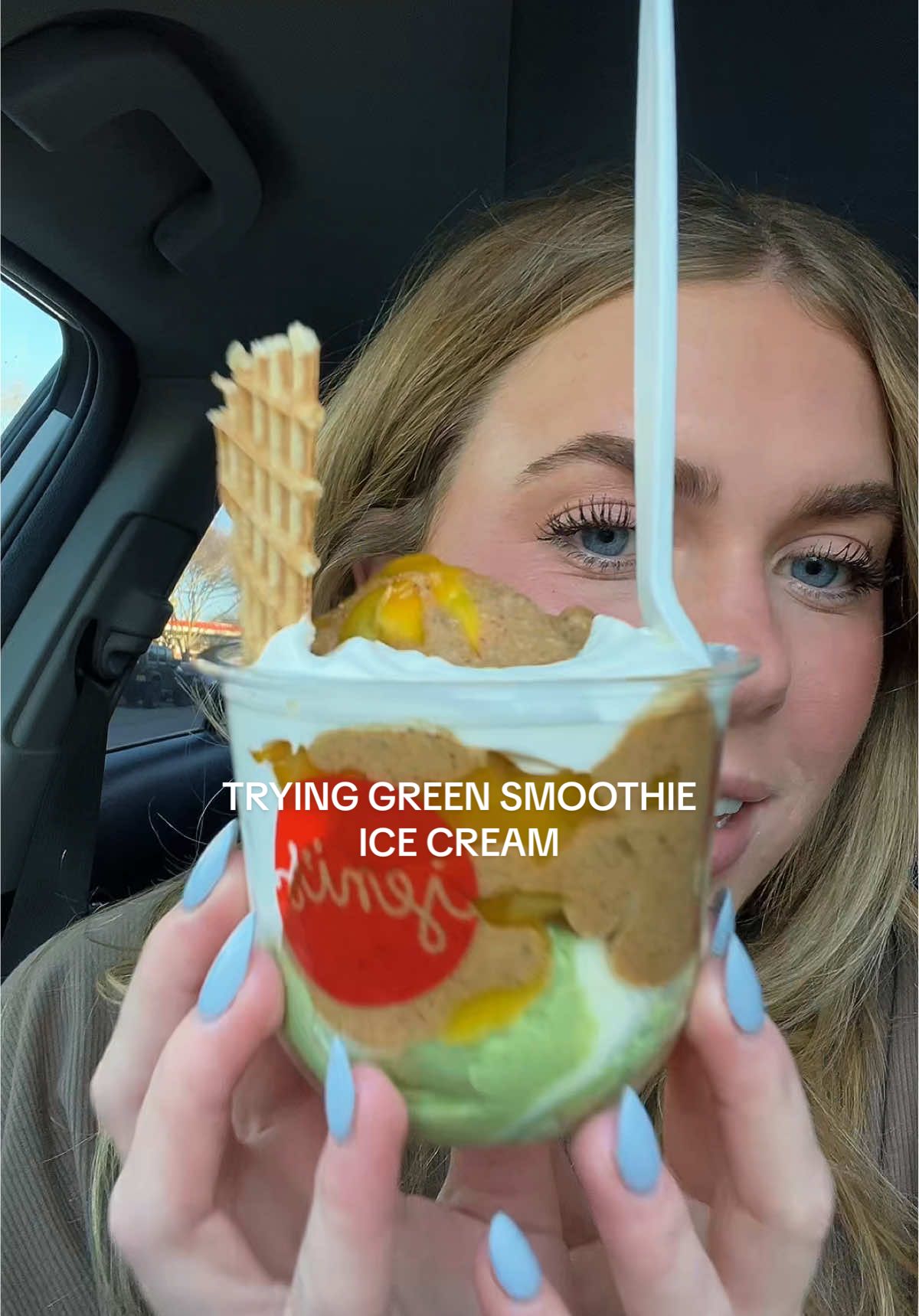 TikTok post by @macy_thompsonn for Jeni's Splendid Ice Creams. Caption reads: Only eating my greens this way from here on out....
