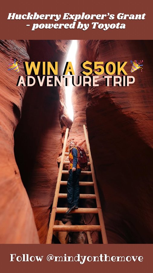 Instagram post by @mindyonthemove for Huckberry. Caption reads: [...] Utah adventure of a lifetime! 🚨 🎊....