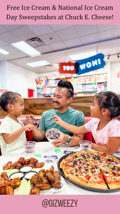 Instagram post by @gizweezy for Chuck E. Cheese. Caption reads: Free ice cream and join the National Ice Cream Day....