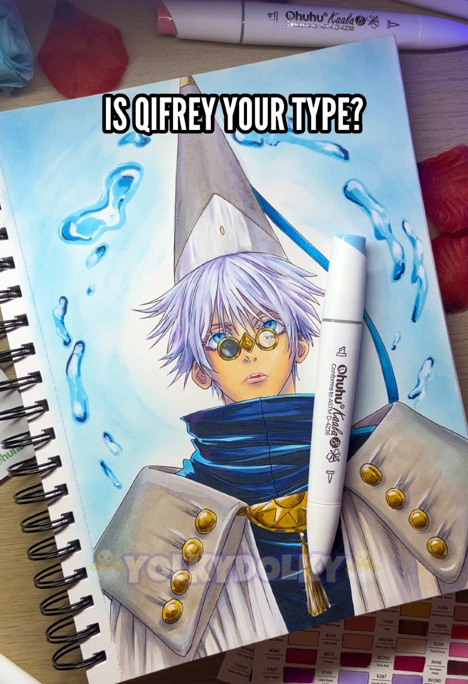 TikTok post by @yolkydolky for Ohuhu. Caption reads: Drawing Qifrey with Ohuhu ✨ @Ohuhuart I used....