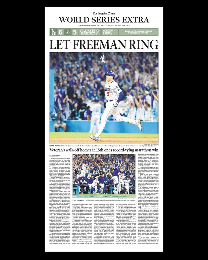Instagram post by @latimes_sports for Los Angeles Times. Caption reads: Today's e-newspaper cover. Read our coverage of....