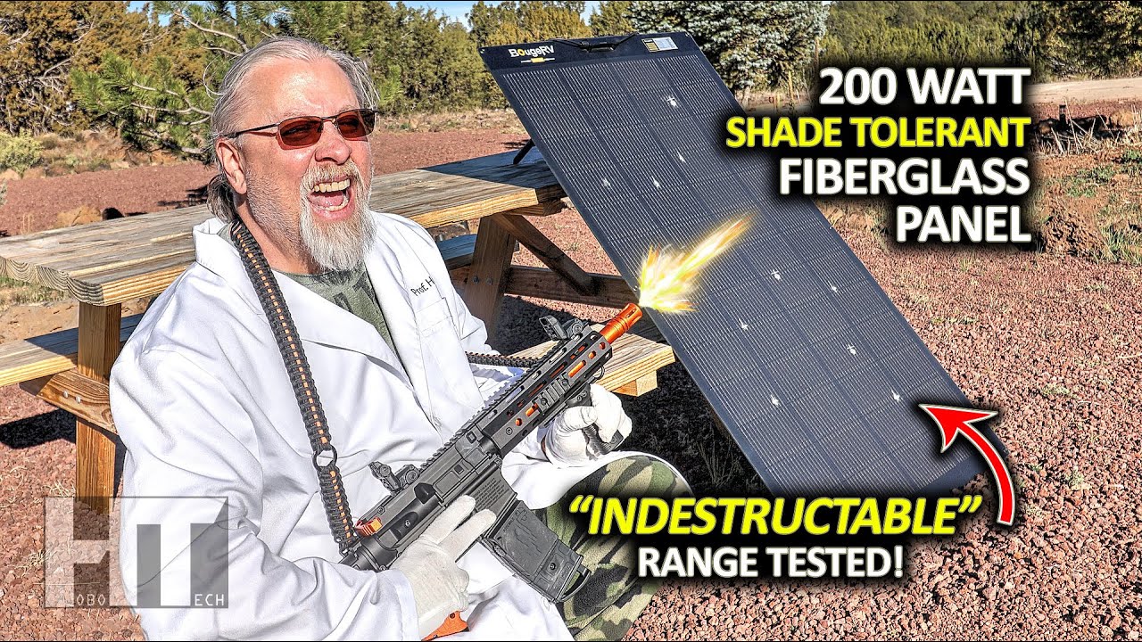 YouTube post by @HOBOTECH for BougeRV. Caption reads: BougeRV ARCH PRO 200w Shade Tolerant....