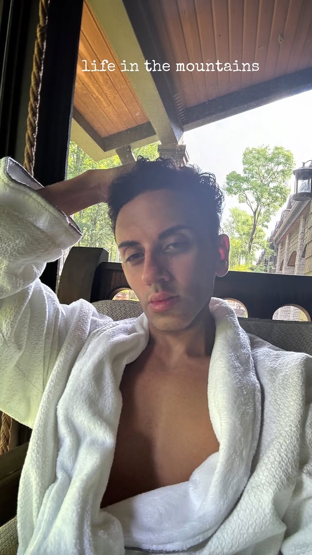 Instagram post by @sssourabh for Condé Nast Traveller. Caption reads: in a world of my own 🧖‍♂️♨️🏔️🦌🌲🐿️ 🏊‍♂️ the....