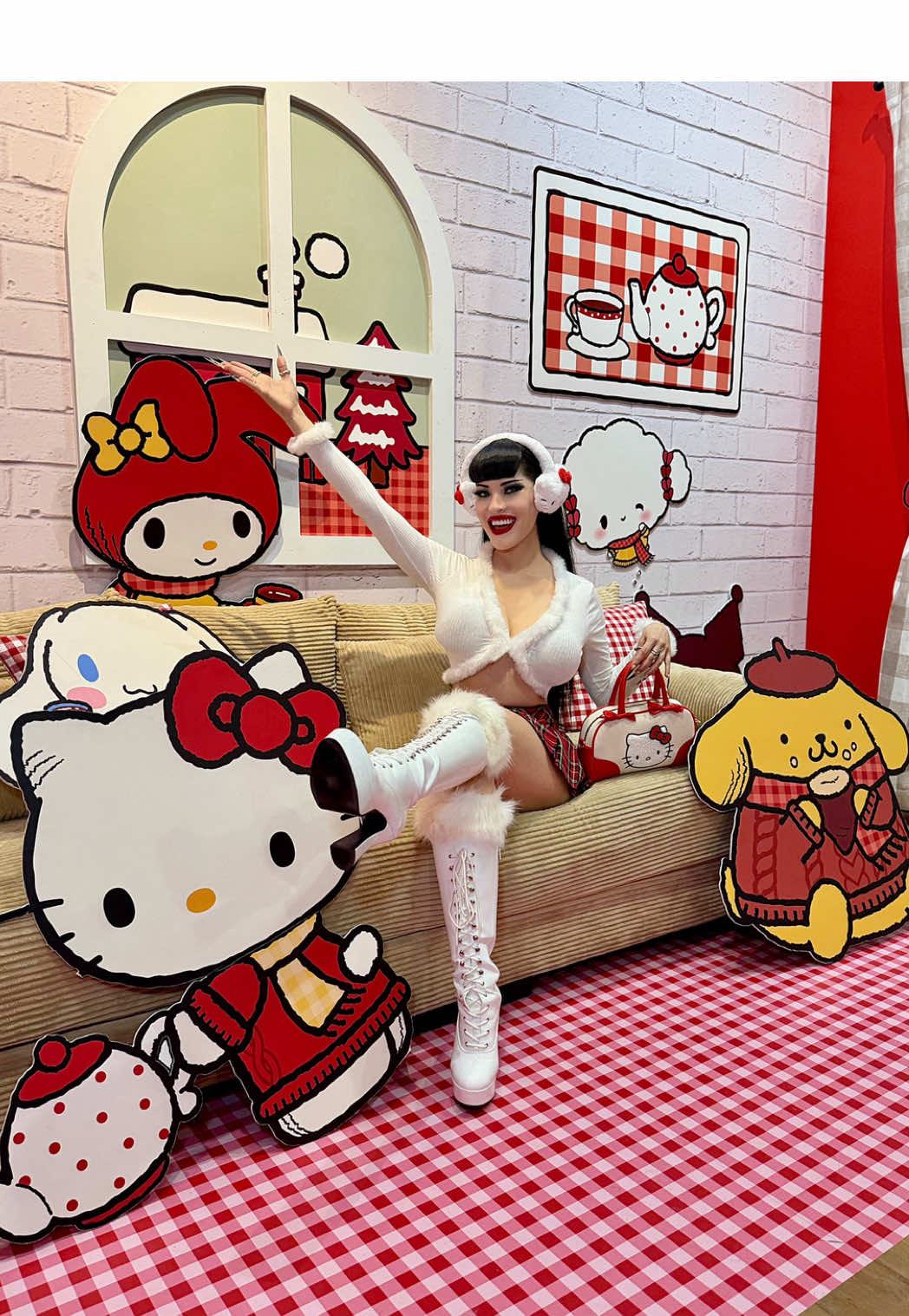 TikTok post by @victoriaveninofficial for Sanrio. Caption reads: [...] Corner at Del Amo Mall!! HUGE FANGS to....