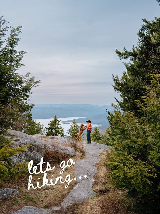 Instagram post by @roamingwithpointers for Stio. Caption reads: Come hiking with us in the Adirondacks 🌲🐾⁣ ⁣ We....