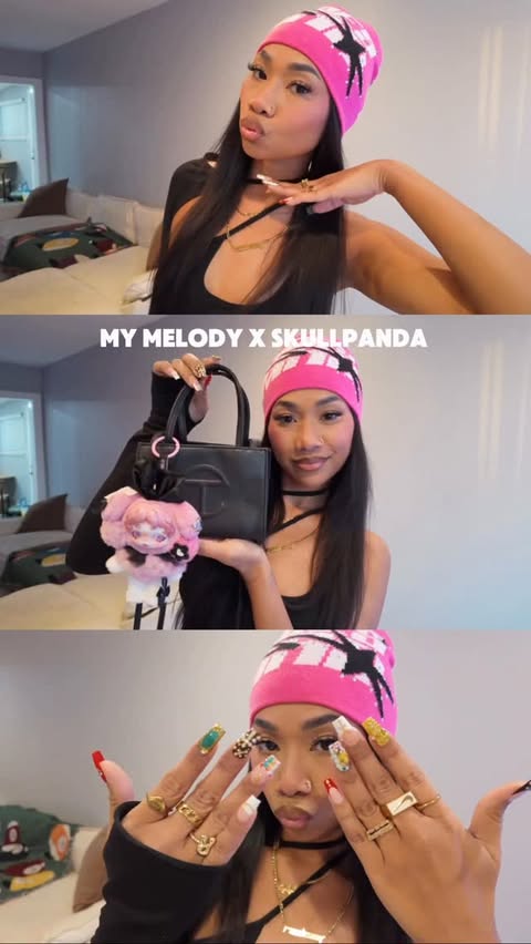 Instagram post by @rachanyyhem for Pop Mart. Caption reads: [...] match the fit w/a plush keychain 🩷....