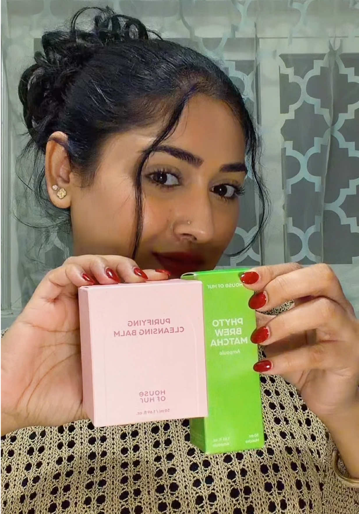 TikTok post by @johora for House of Hur US. Caption reads: [...] 🍓🍵 Skin feels calm and clean 💚 @House of....
