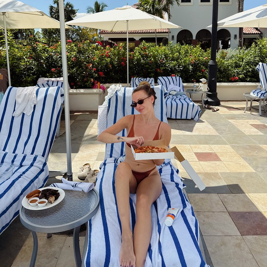 Instagram post by @catherineeebs for Sandals Resorts. Caption reads: Pizza & chicken wings by the pool, endless laughs,....