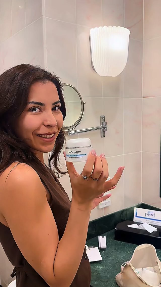 Instagram post by @esma.yucelsat for Plexaderm. Caption reads: ✨ Even on vacation, I never skip my morning &....