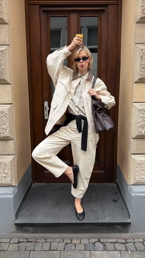 Instagram post by @linda.sza for ARMEDANGELS. Caption reads: anzeige/ coffee outfit rotation in the new spring....