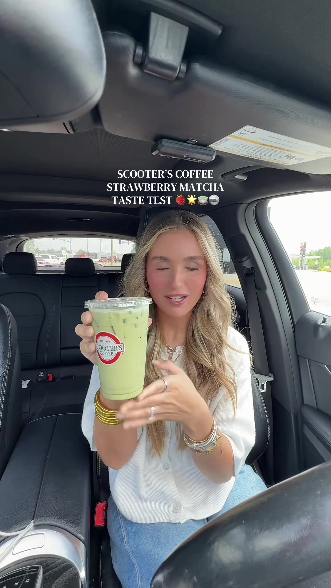 TikTok post by @madilynjoydavis for Scooter's Coffee. Caption reads: [...] for matcha!! 🌟🍵 @Scooter’s Coffee....