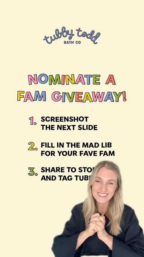 Instagram post by @andreafaulknerwilliams for Tubby Todd. Caption reads: DON'T forget to nominate your favorite fam to win....