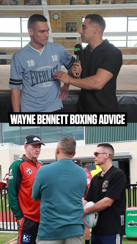 Instagram post by @jonbernardk for Kayo Sports. Caption reads: Wayne Bennet give Tim Tszyu advice ahead of Aussie....
