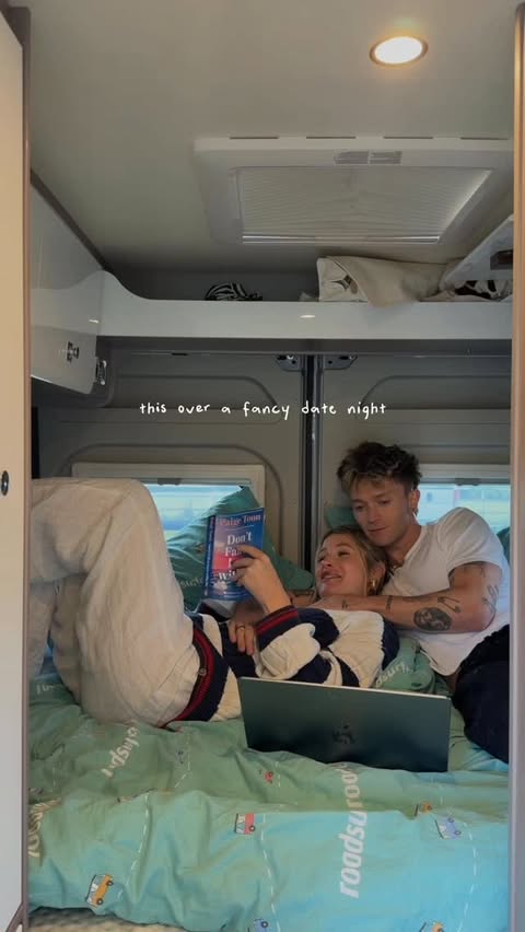 Instagram post by @connorball for roadsurfer. Caption reads: Date nights in the camper van for the win🚐✨📺🍿....