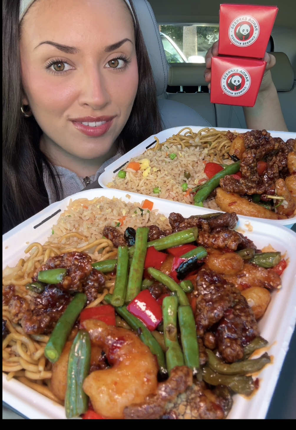 TikTok post by @cabreranali for Panda Express. Caption reads: shrimp or beef? why not both😏 the NEW crispy....