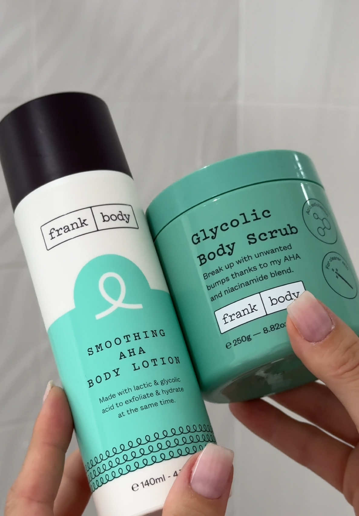 TikTok post by @rhiannonh.x for Frank Body. Caption reads: Loving this new range! @frank body use my code....