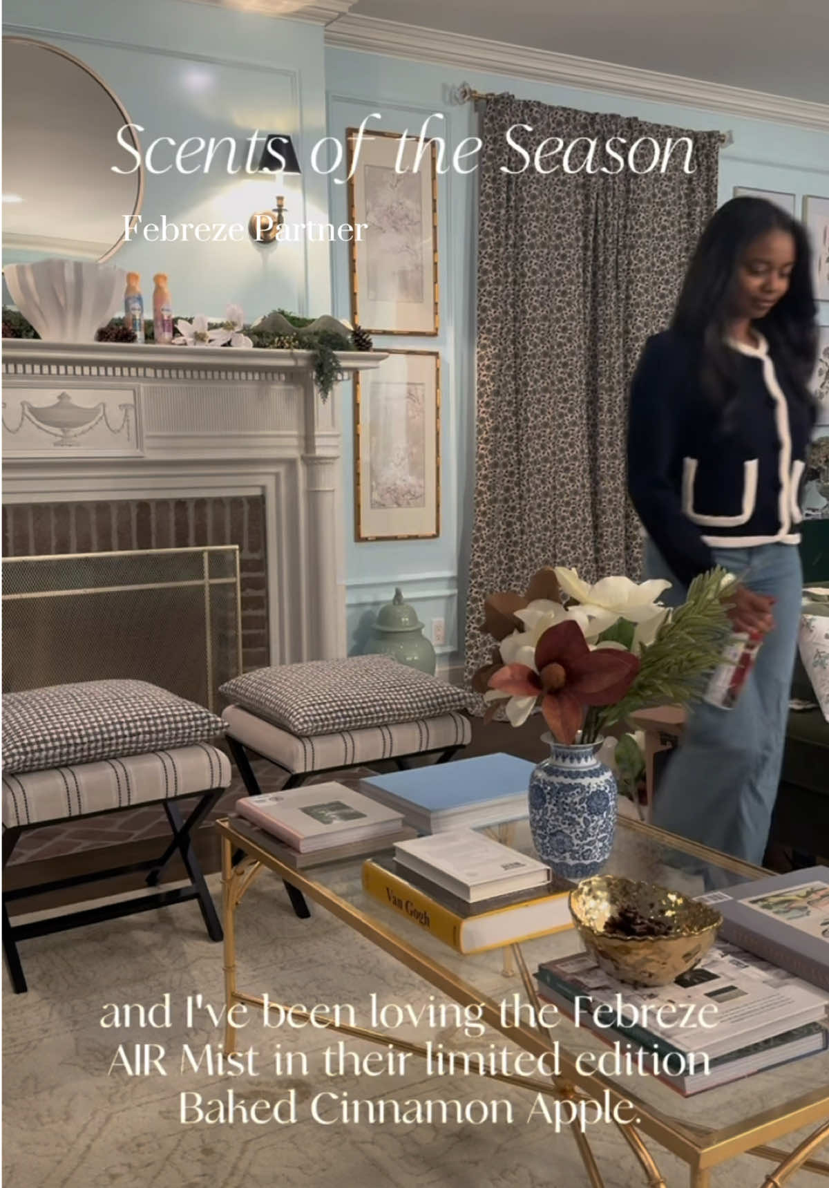 TikTok post by @akilahrelefordgould for Febreze. Caption reads: Nothing says holidays like a cozy-smelling home....