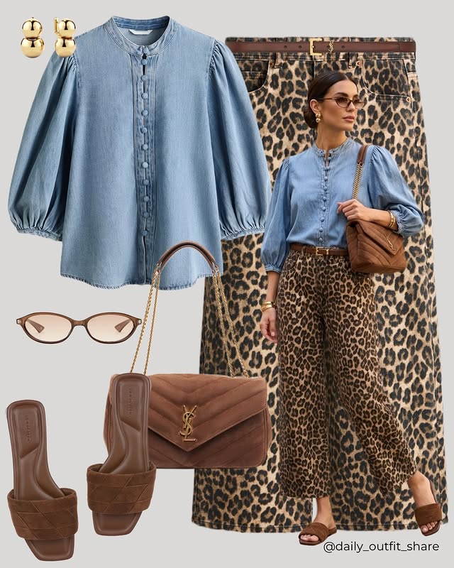 Instagram post by @daily_outfit_share for DeMellier. Caption reads: Chic ways to wear leopard print ankle jeans this....