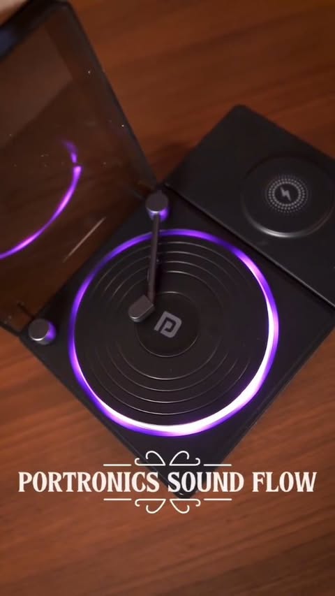 Instagram post by @oyesamrat for Portronics. Caption reads: ⚡ Tech x Tunes: Portronics Sound Flow — Speaker +....