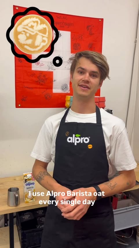 Instagram post by @dariopieber for Alpro. Caption reads: [...] for latte art… until it suddenly does 👀....