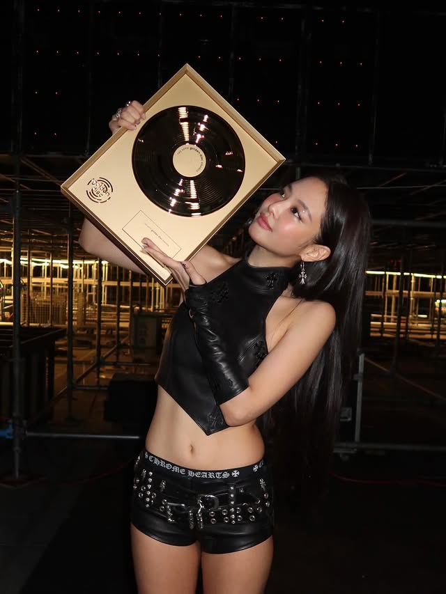 Instagram post by @jennierubyjane for Chrome Hearts. Caption reads: GOLDEN DISC 2026❤️‍🔥 what a way to start off the....