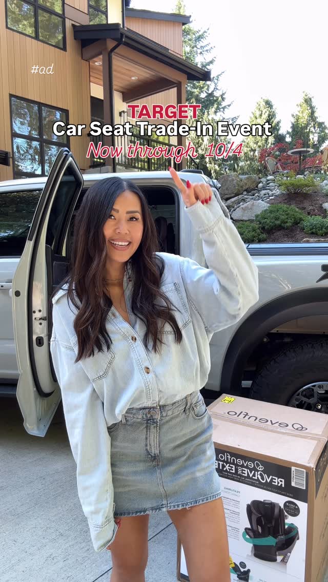 Instagram post by @thesabrinatan for Evenflo. Caption reads: #Ad comment ‘CAR SEAT’ to get 20% off! 🚗♻️....