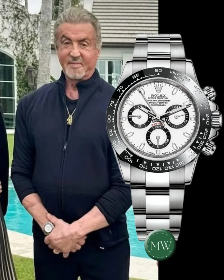 Instagram post by @watchlobby for MONDANIWEB. Caption reads: The Actor Sylvester Stallone was spotted wearing a....