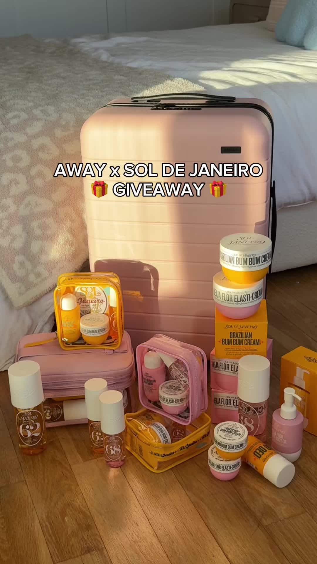 TikTok post by @soldejaneiro for Away. Caption reads: ☀️🧳 SOL DE JANEIRO x AWAY GIVEAWAY ☀️🧳 Our month....