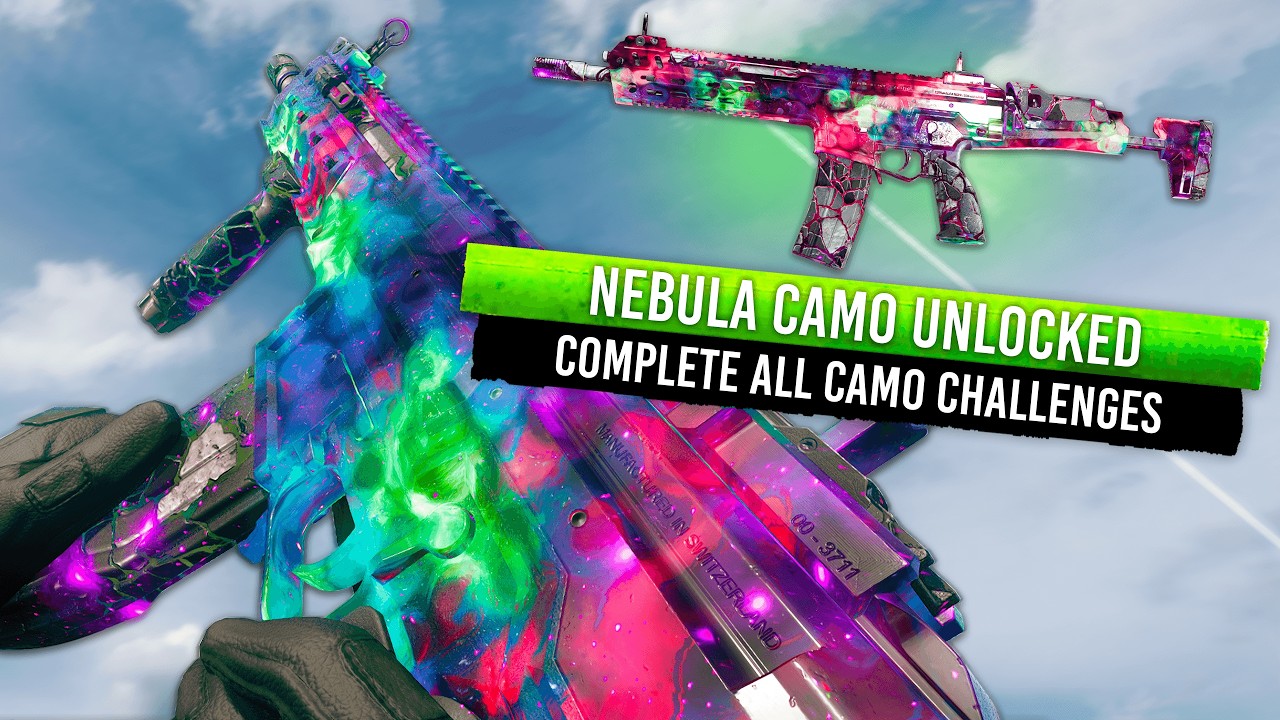 YouTube post by @TechnicallyWild for KontrolFreek. Caption reads: The COMPLETE UPDATED NEBULA CAMO GUIDE For Black....